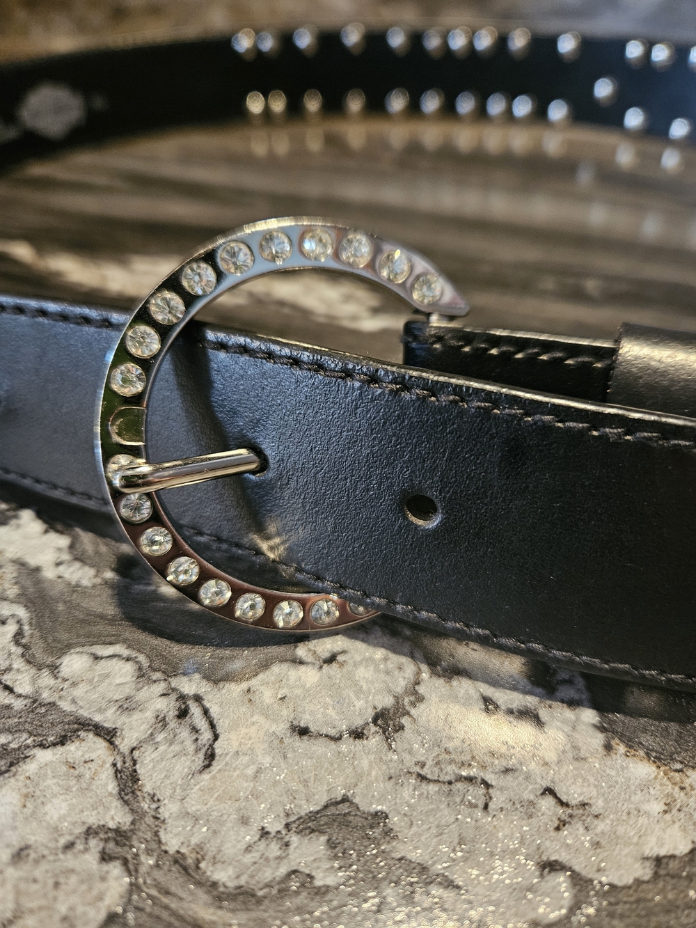 Harley-Davidson Black Leather Belt with Multicolor Crystal Letters - Picture 3 of 7